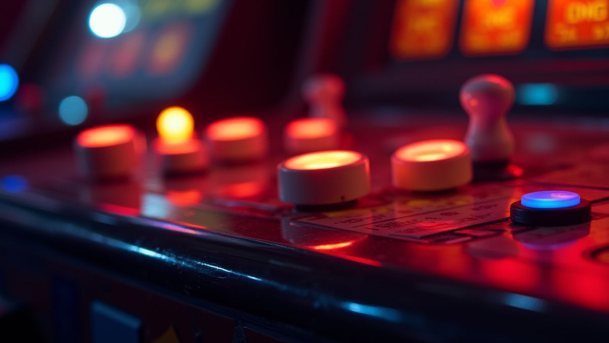 Máquina arcade retro con símbolos de frutas brillando en la pantalla.