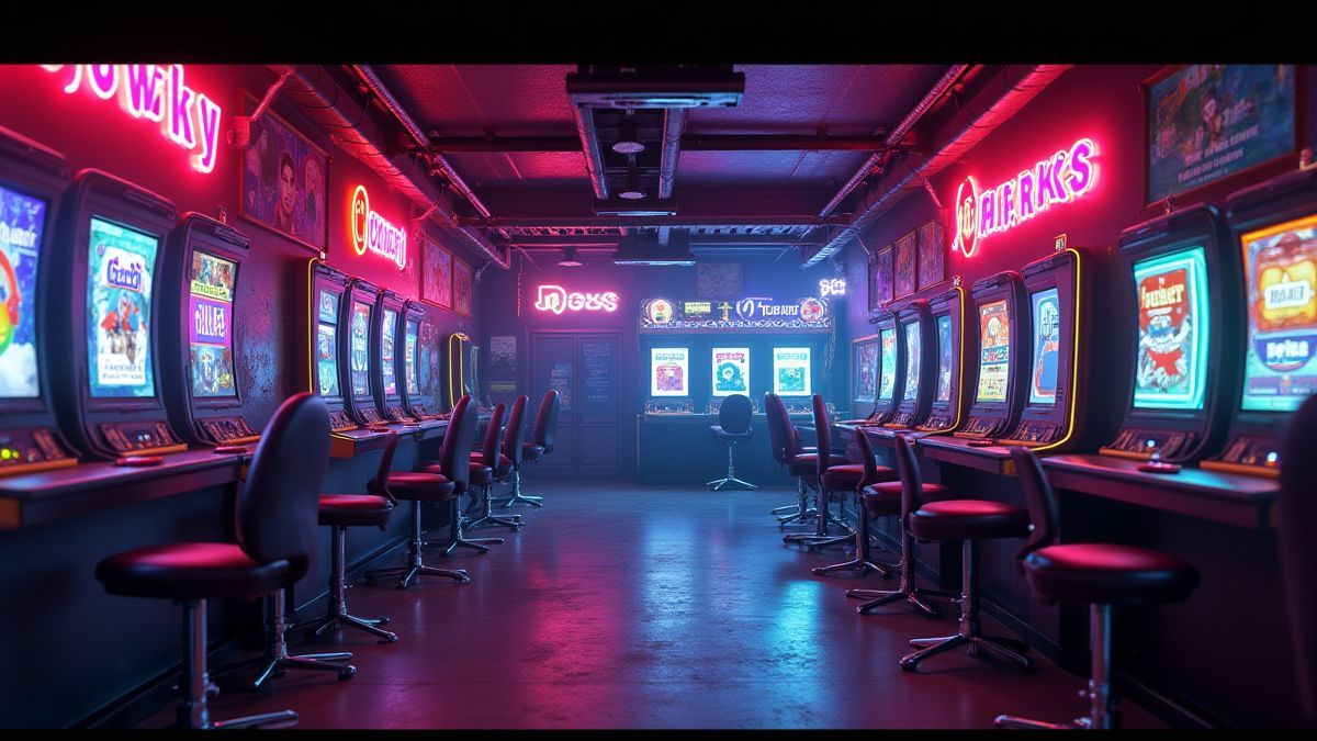 Decoraciones de neón con temática de joker en un entorno futurista.