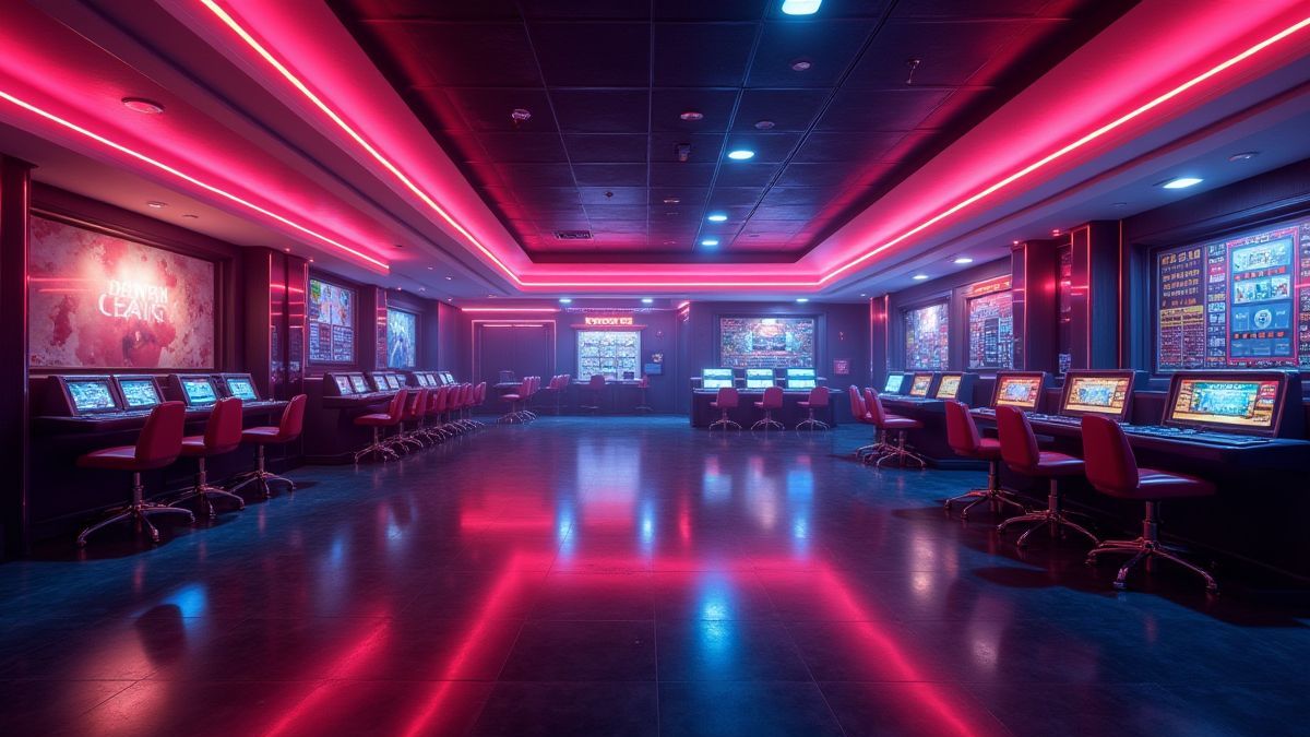 Luces de neón brillando en un entorno de casino futurista oscuro.