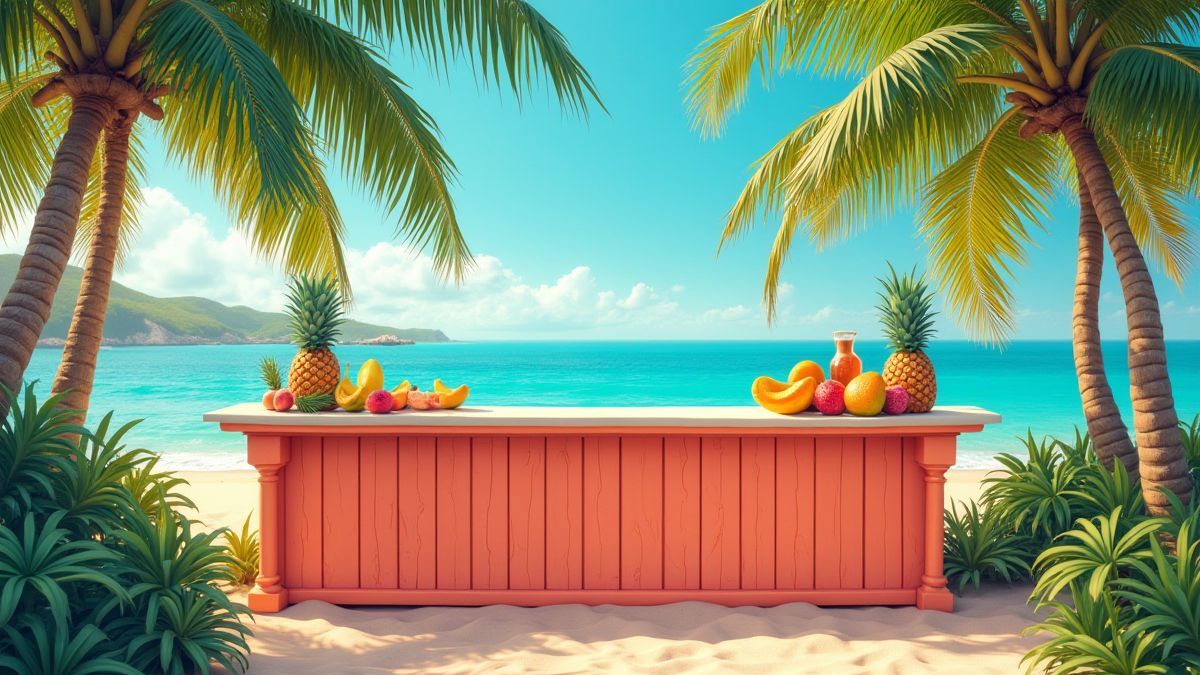Bar de playa con frutas tropicales y un cielo soleado.