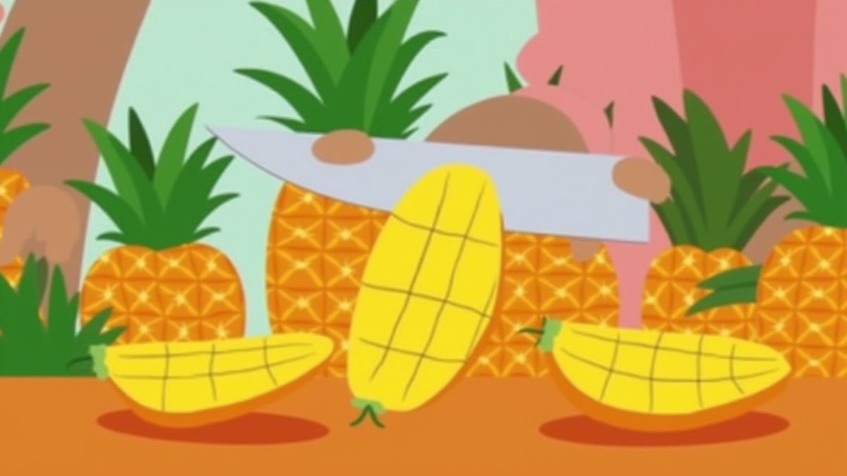 Cuchillo animado cortando frutas tropicales.