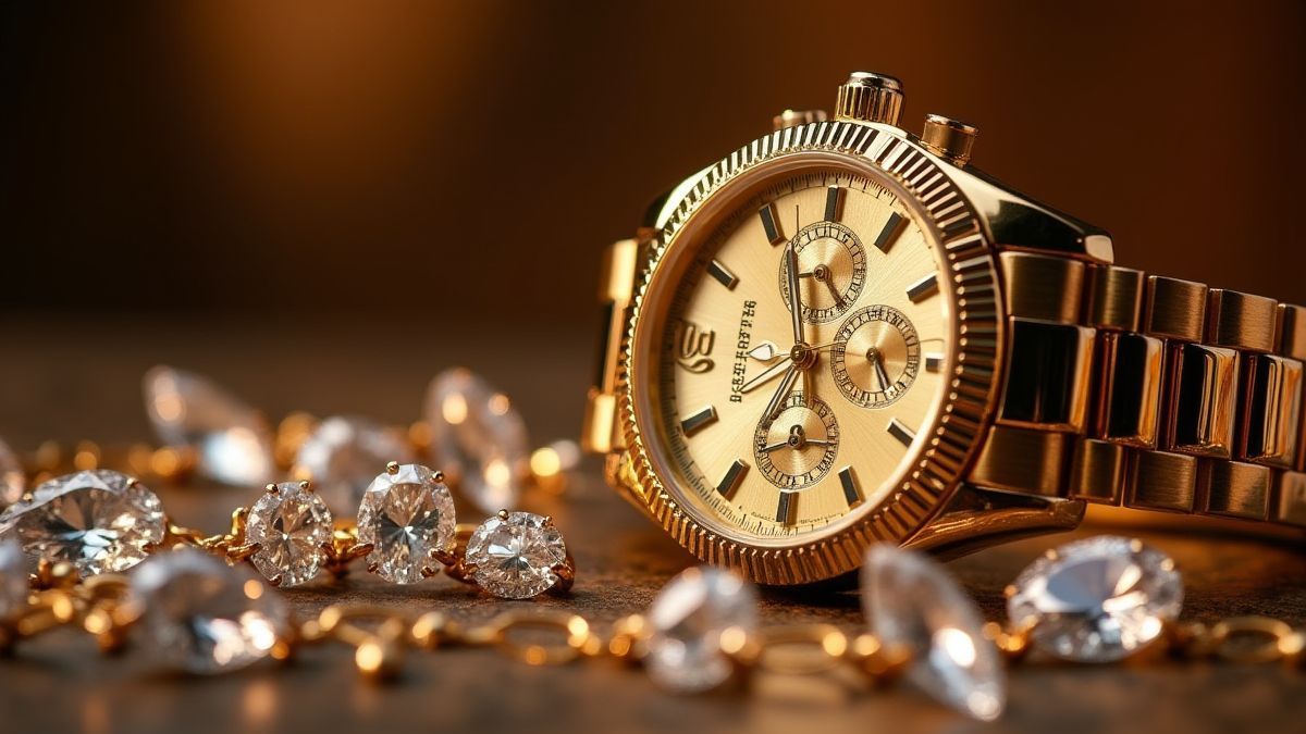 Relojes de oro y diamantes brillantes sobre uma mesa elegante.