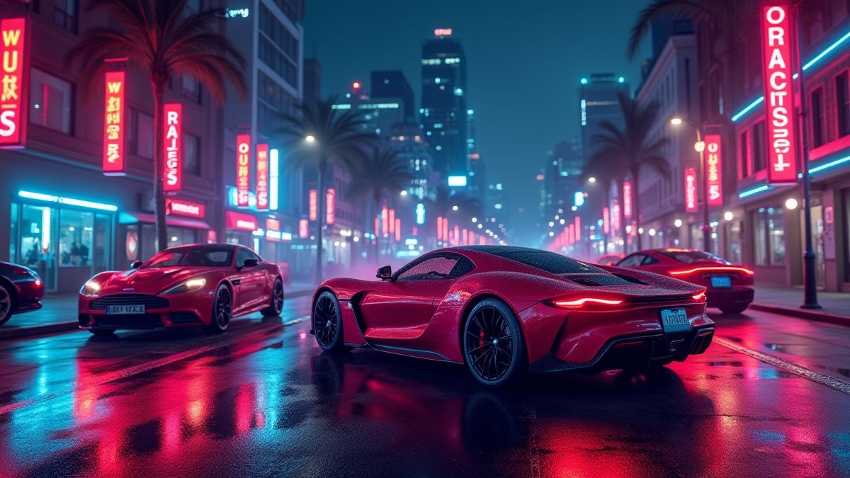 Escena urbana nocturna con luces de neón y coches lujosos.