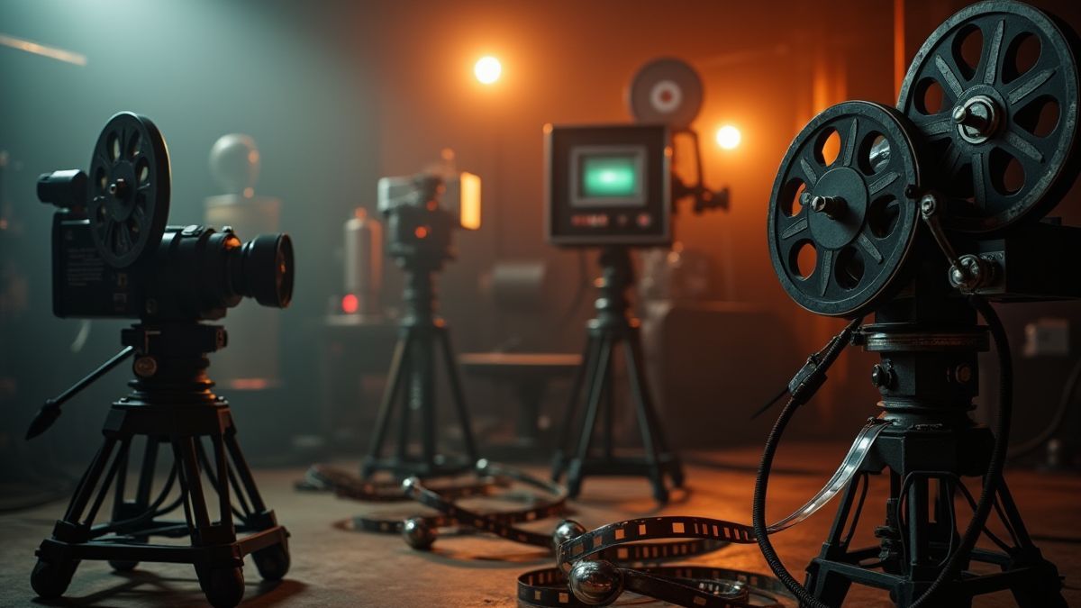 Bobines de film et caméras sur un plateau de cinéma.
