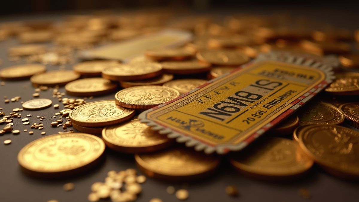 Pièces d'or et billets de cinéma éparpillés sur une table.