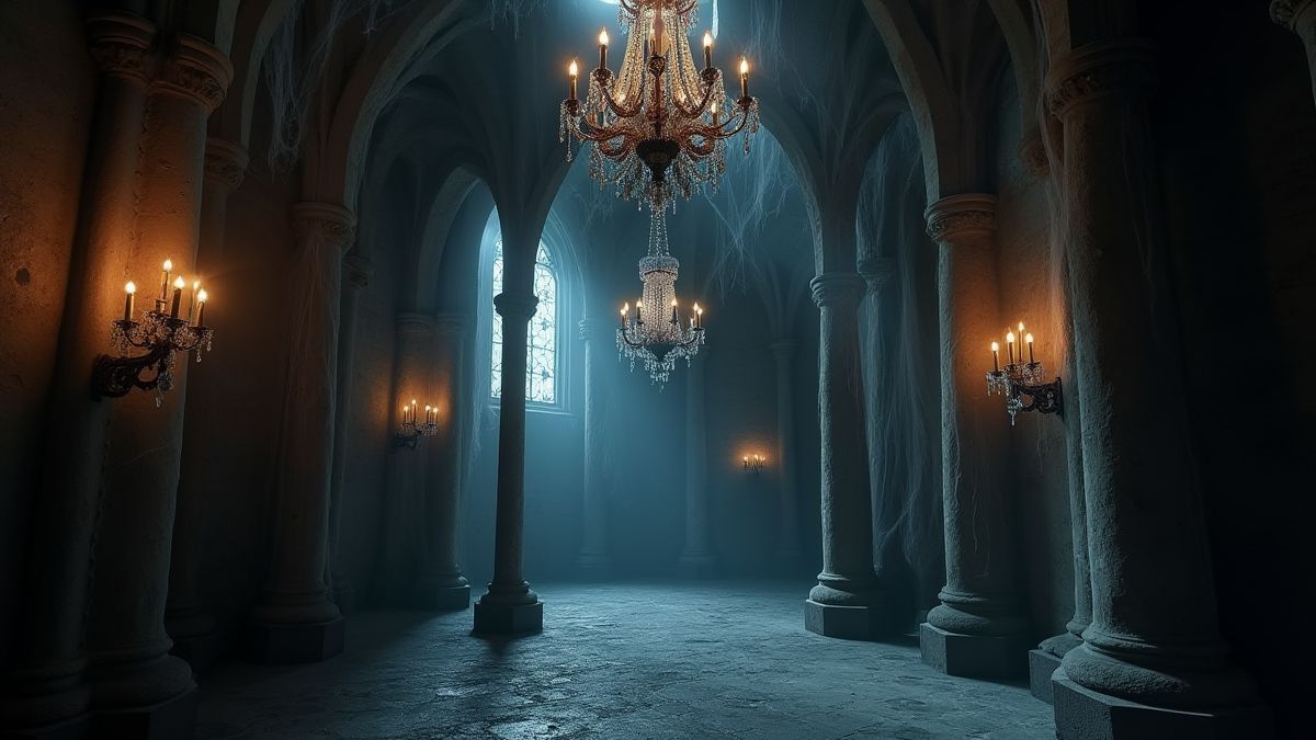 Interior of a spooky castle with gothic chandeliers and cobwebs.