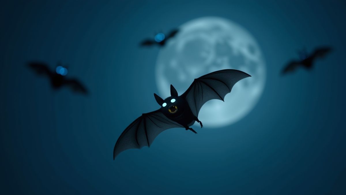 Bats flying under a moonlit sky with glowing eyes.