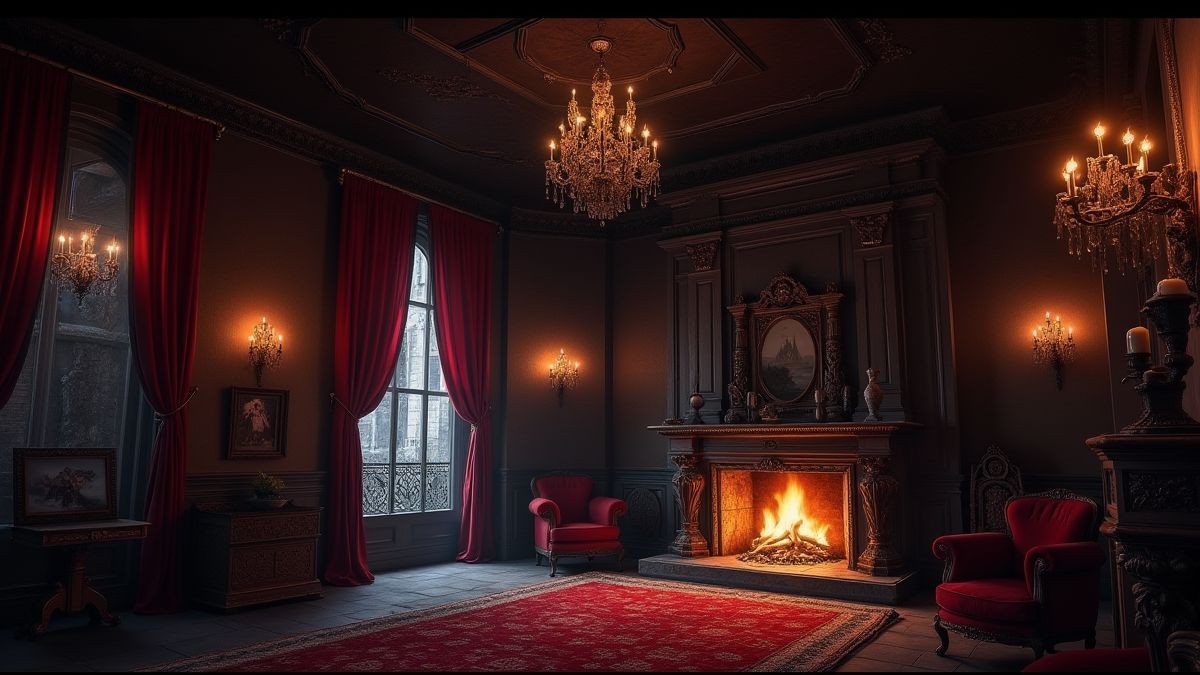 Interior de un castillo gótico con candelabros y cortinas de terciopelo rojo.
