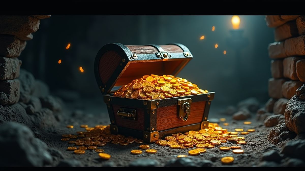 Un cofre del tesoro lleno de monedas de oro y joyas en una mazmorra espeluznante.