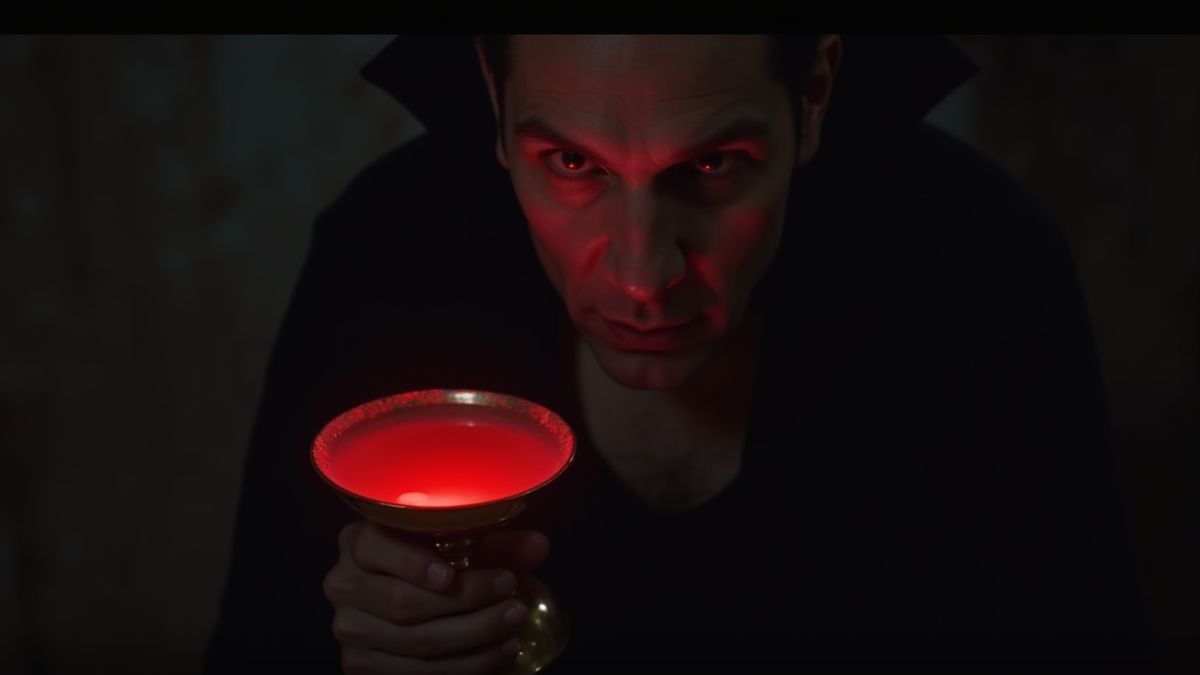 Ein Vampir, der einen Becher mit leuchtender roter Flüssigkeit in einem dunklen, unheimlichen Raum hält.