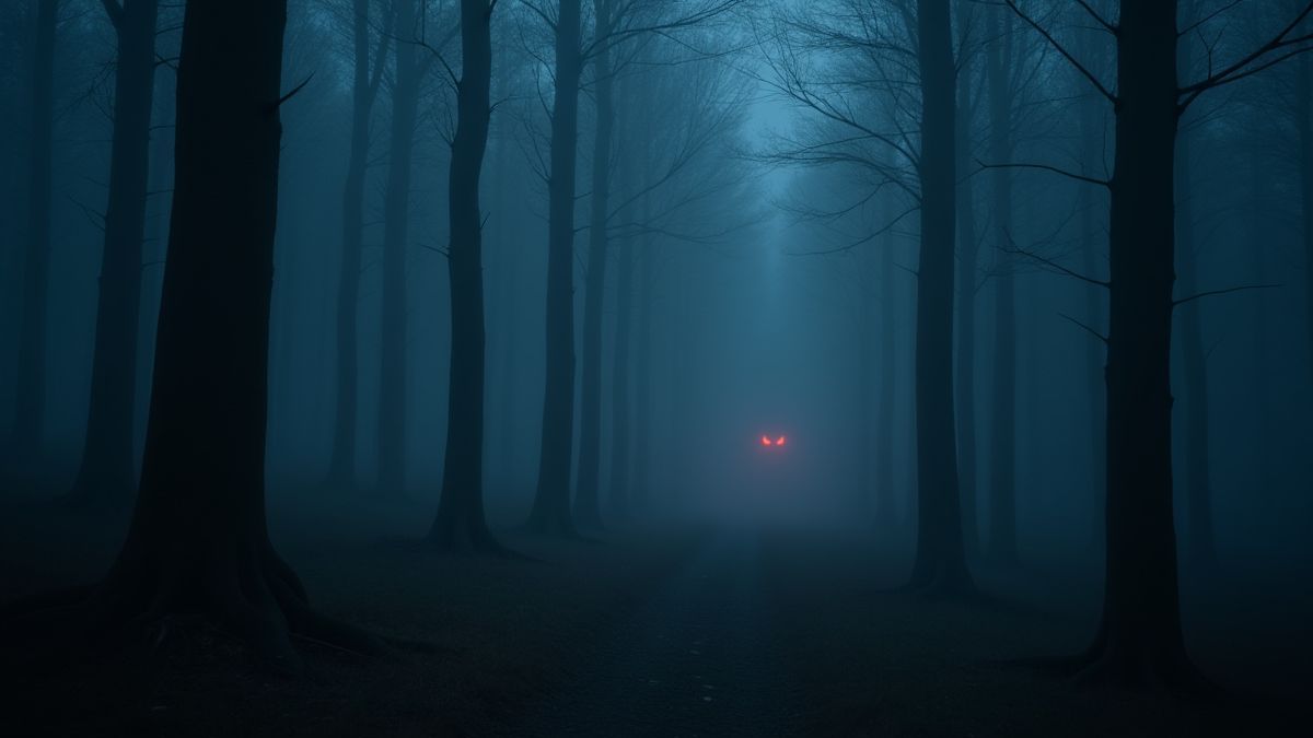 Ein nebliger Wald bei Nacht mit leuchtenden roten Augen, die aus der Dunkelheit schauen.