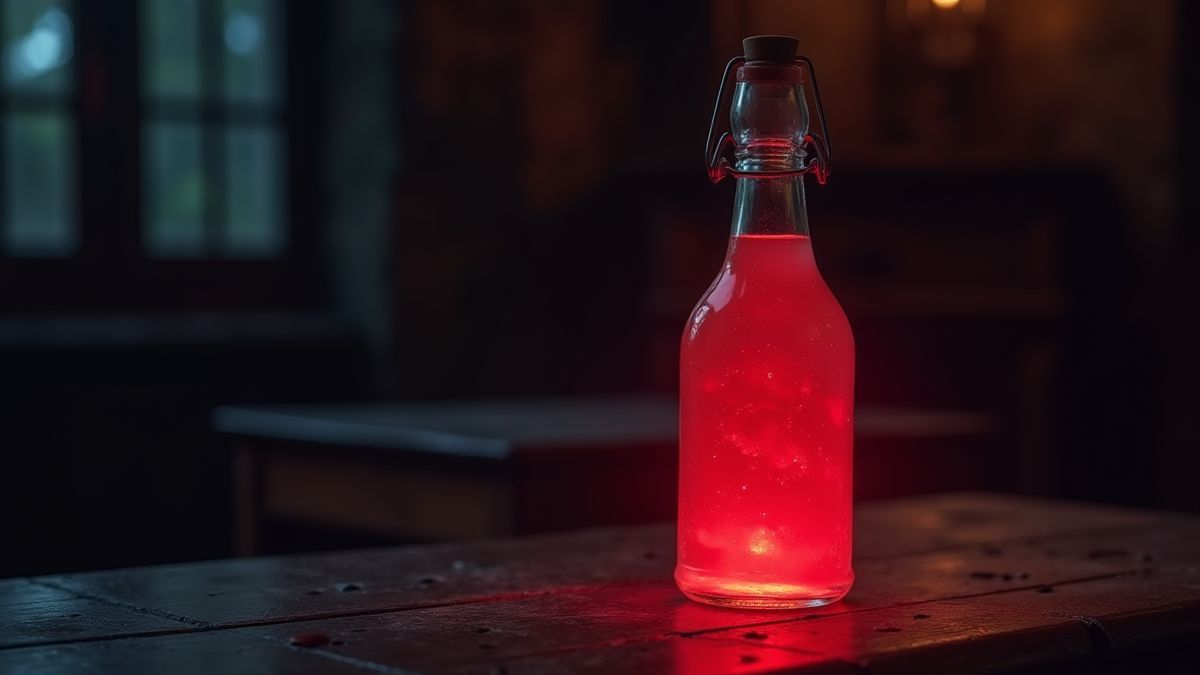 Una botella brillante de poción roja sobre una mesa gótica.