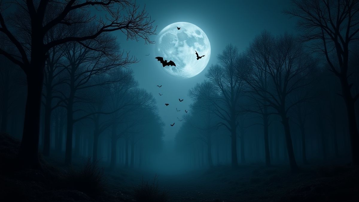 Un bosque oscuro iluminado por la luz de la luna con murciélagos volando.