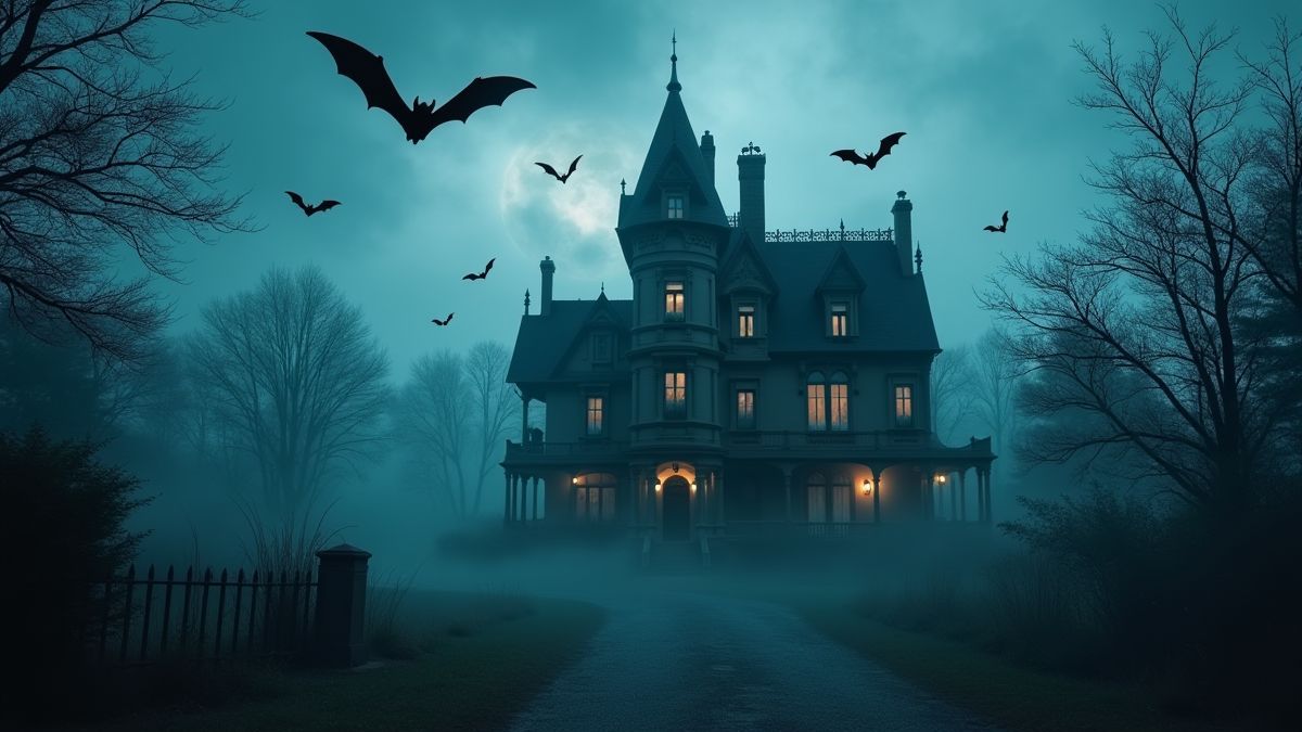 Eine viktorianische Villa umgeben von Nebel und fliegenden Fledermäusen in der Nacht.