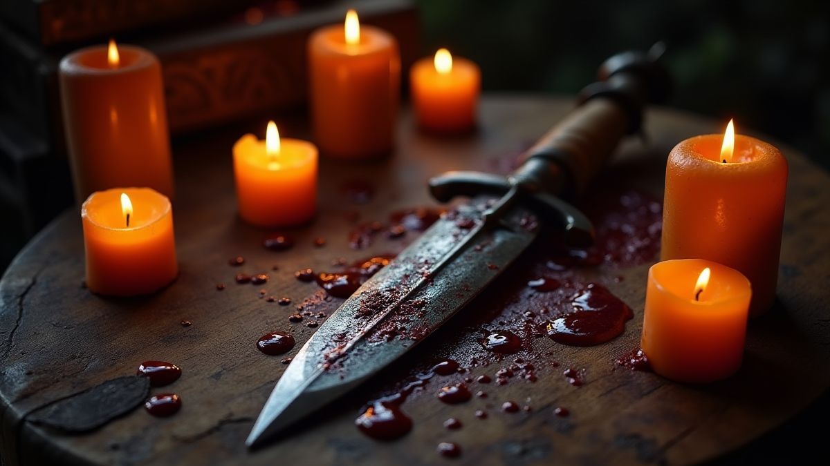 Eine antike, blutüberströmte Dagger auf einem gotischen Altar, umgeben von Kerzen.