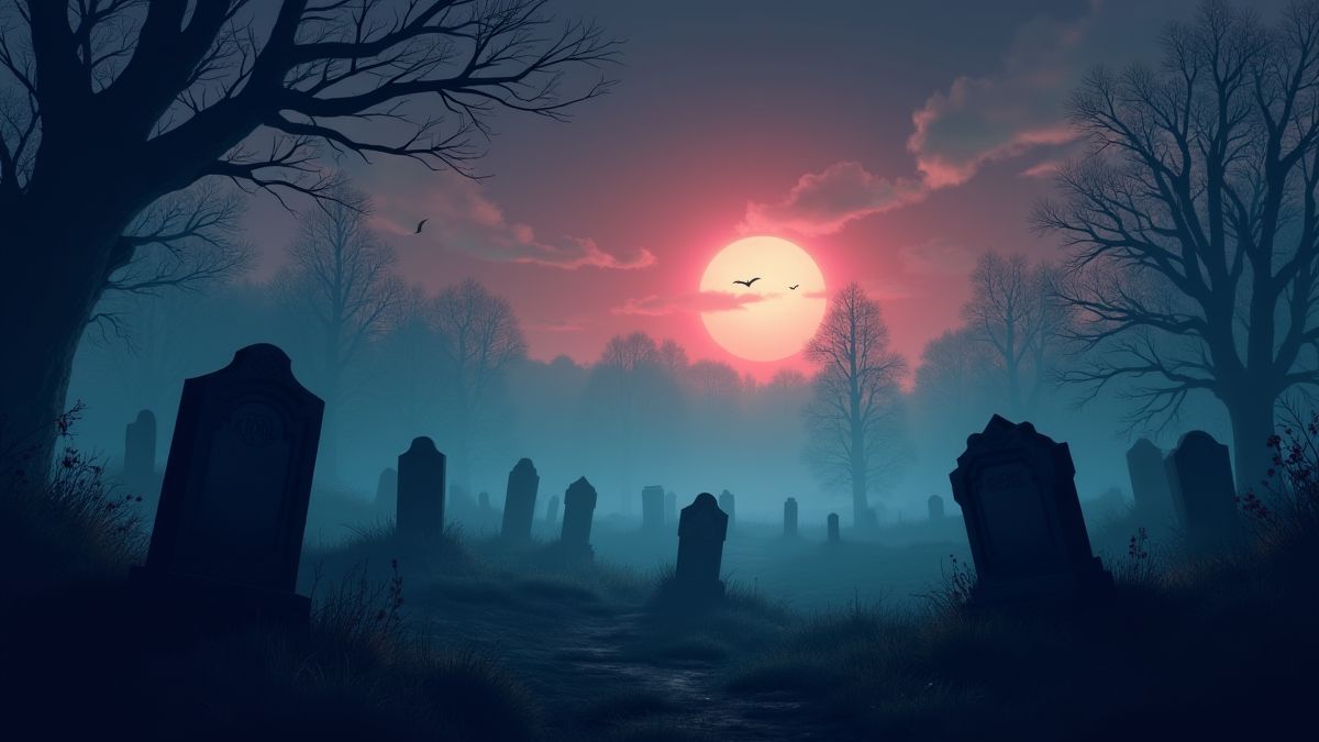 Spooky cemetery with tombstones and fog at dusk.