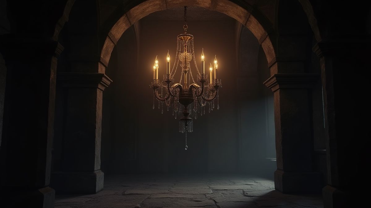 Gothic chandelier in a dimly lit medieval hallway.