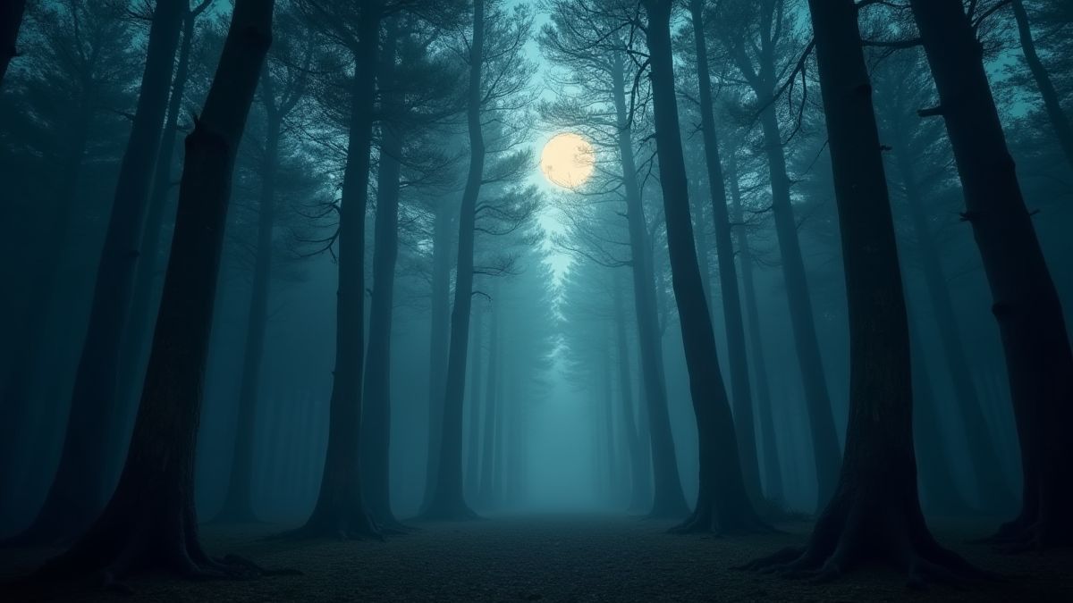 Mysterious forest with tall trees illuminated by moonlight.