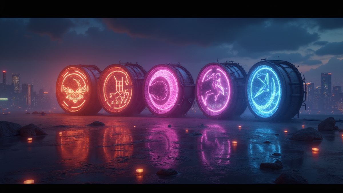 Glowing reels with wild symbols in a futuristic city.