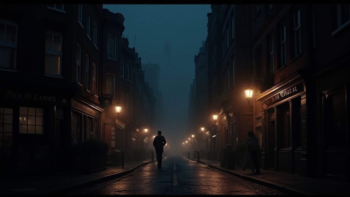 Uma rua misteriosa de Londres à noite com pubs iluminados de forma tenue.