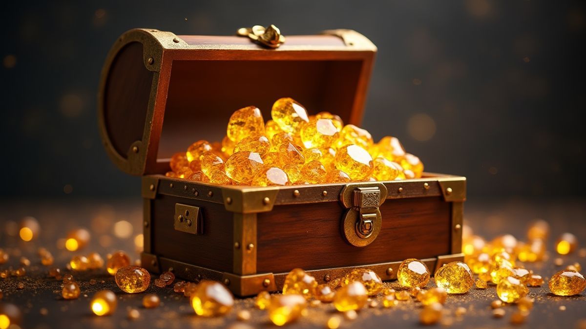 Joias douradas e gemas brilhantes em um baú de tesouro misterioso.