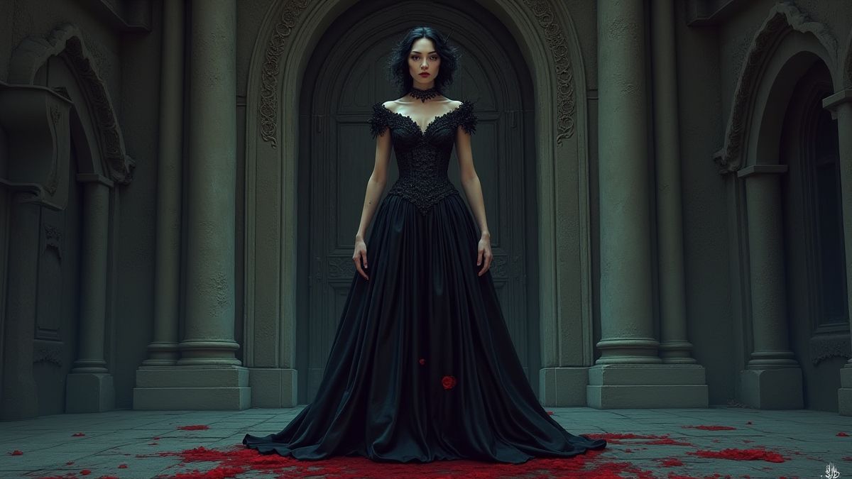 Une princesse vampirique avec un vêtement gothique devant la porte d'un château.