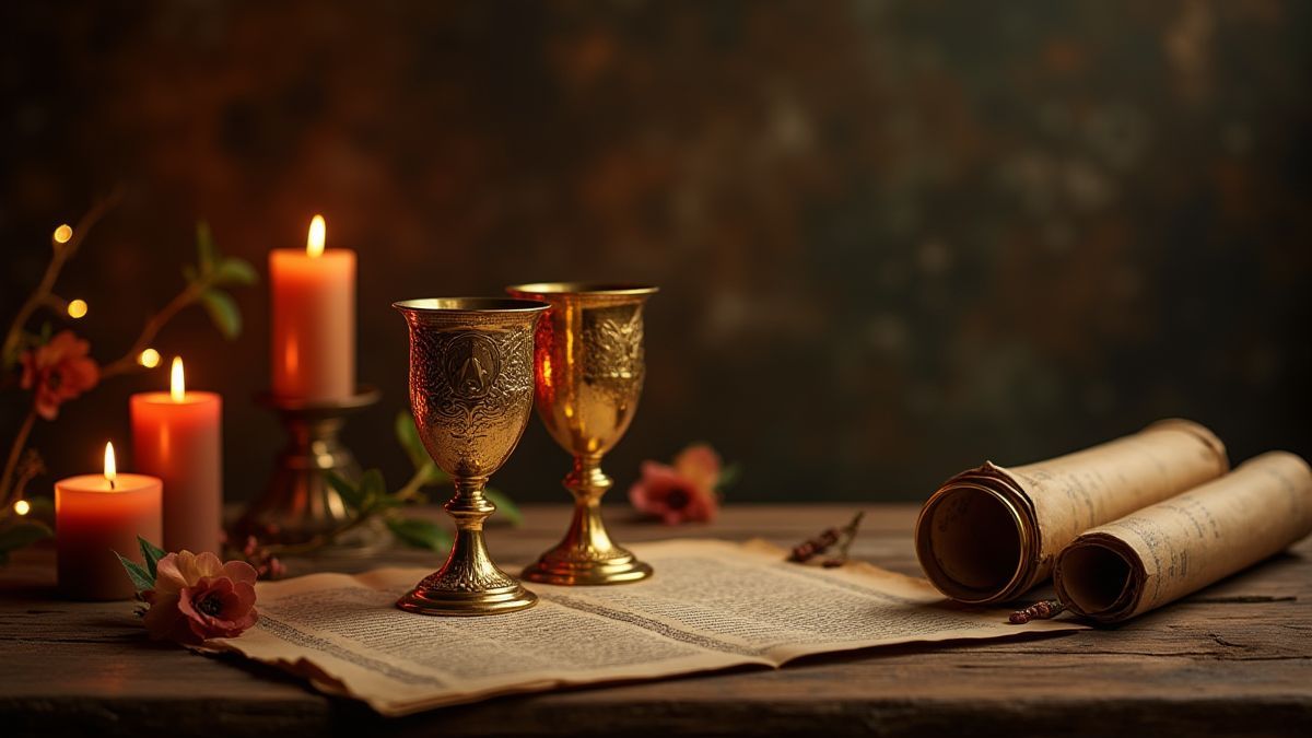 Copas doradas en una mesa gótica rodeada de velas y pergaminos antiguos.
