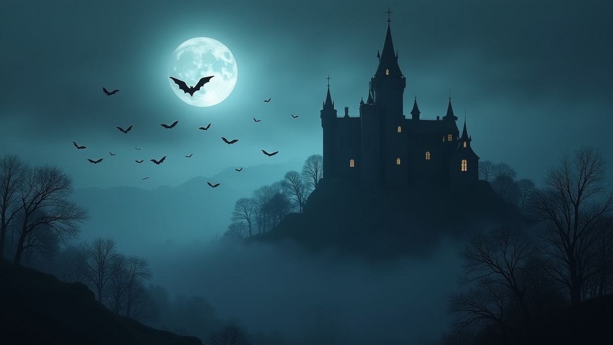 Castillo oscuro rodeado de murciélagos y un paisaje brumoso iluminado por la luna llena.