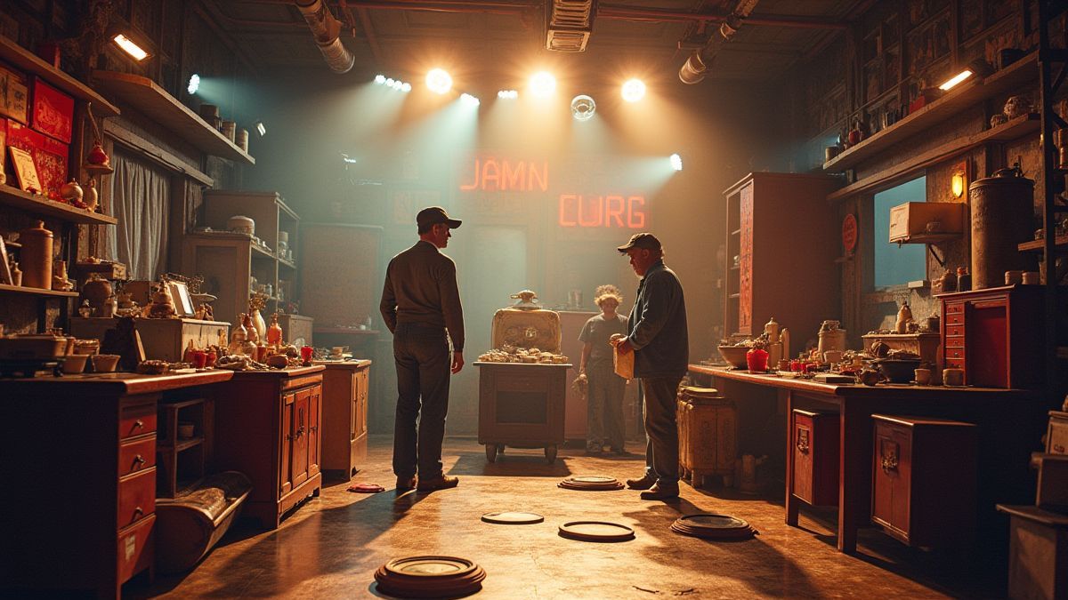Funny characters organizing items on a Hollywood set.