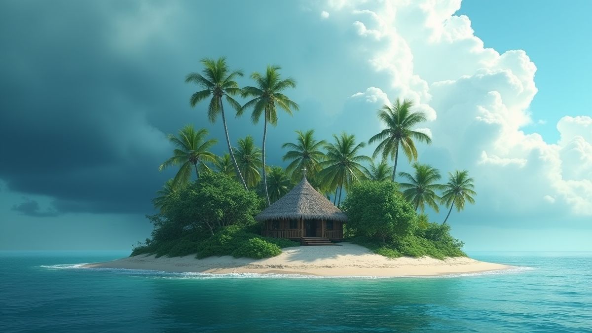 A tropical island with palm trees and a hut under storm clouds.