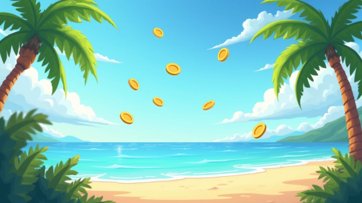 Animated coins flying in the wind on a tropical island.