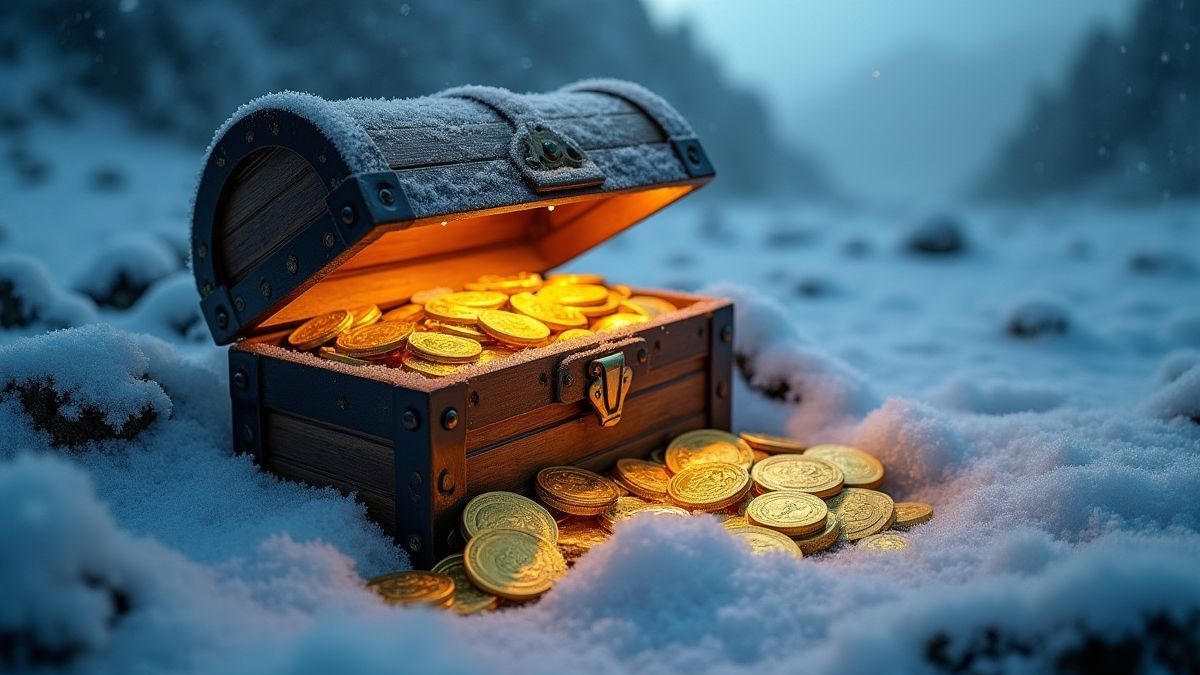 Un cofre del tesoro helado lleno de monedas doradas.