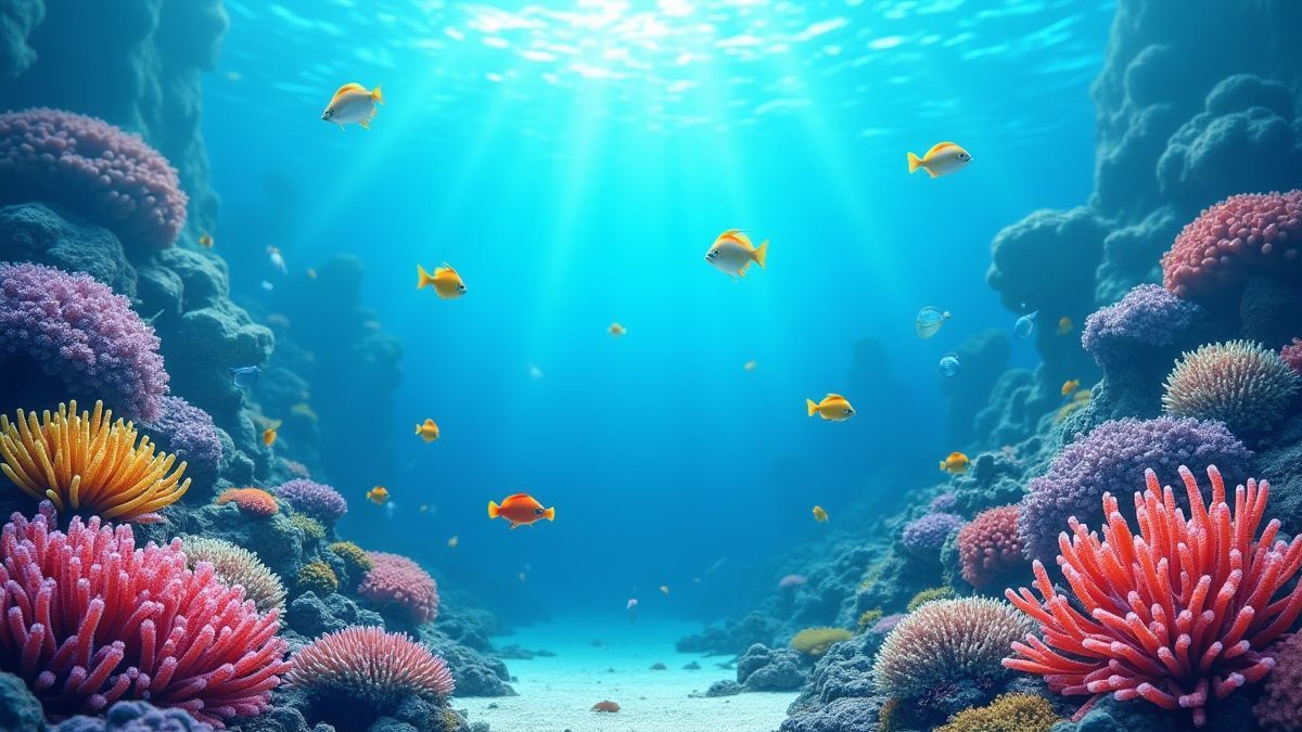 Korallen und tropische Fische in einer lebhaften Unterwasserumgebung.