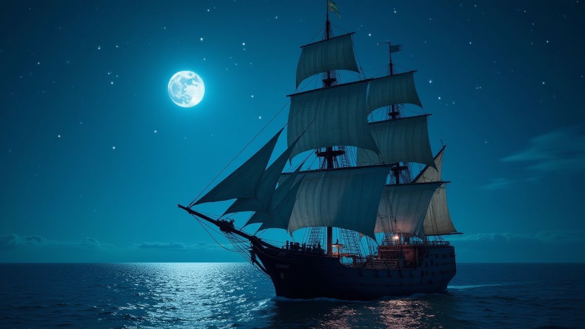 Un barco pirata navegando bajo un cielo estrellado y con la luz de la luna.