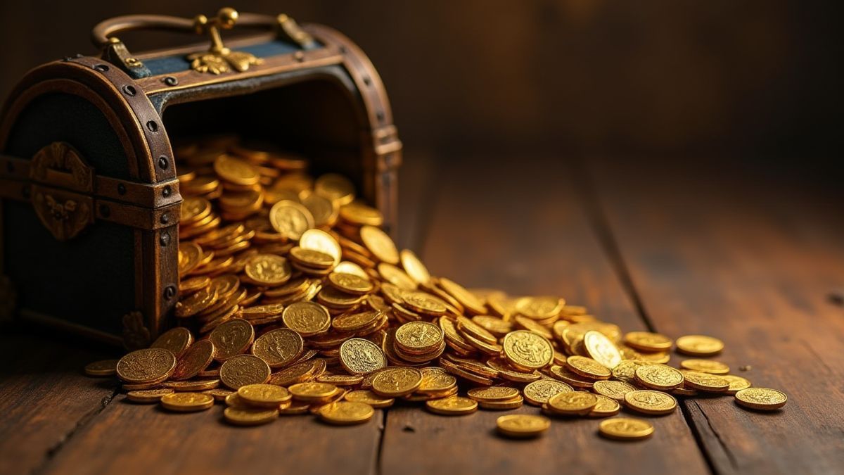 Monedas de oro saliendo de un cofre del tesoro sobre un suelo de madera.