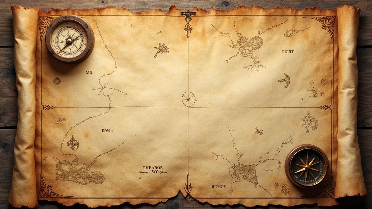 Un mapa antiguo con marcas de piratas y una brújula al lado.