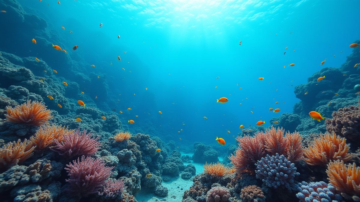 Coral reef underwater with colorful fish.