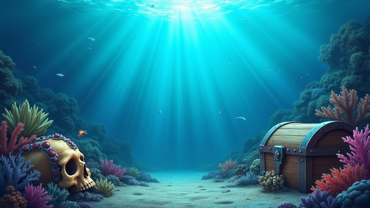 Szene unter Wasser mit Korallenriffen und Schatzkisten.