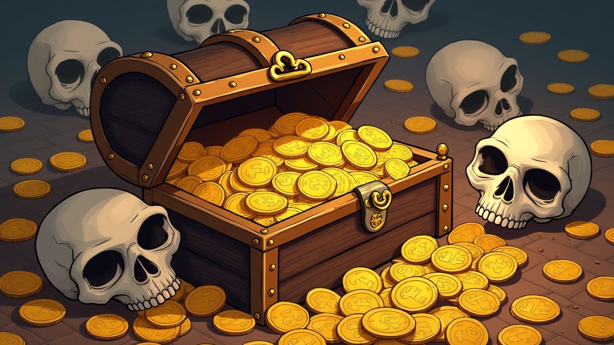 Schatztruhe umgeben von Goldmünzen und Piratenschädeln.