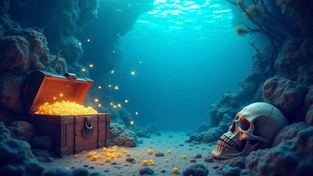 Lebendige Unterwasserszene mit Piratenschädeln und leuchtenden Schatzkisten.