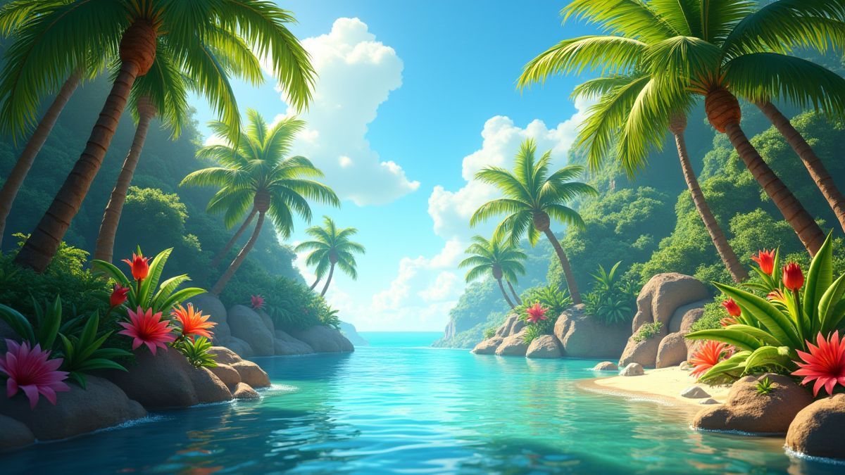 Laguna tropical rodeada de palmeras y flores exóticas.