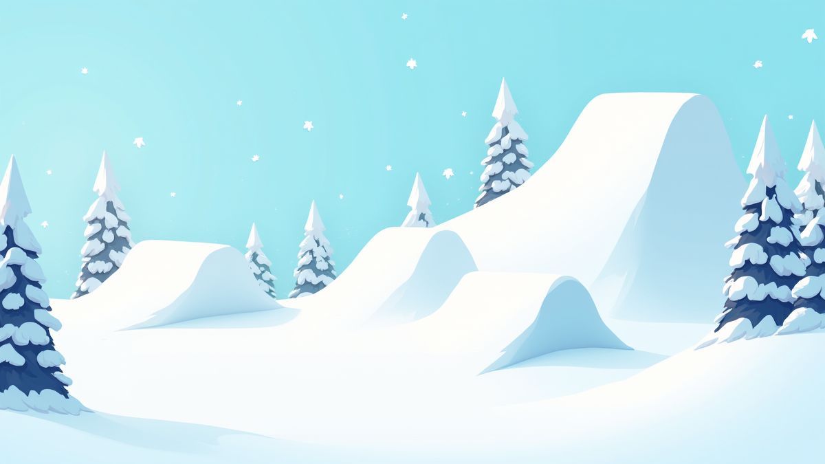 Snowboardhindernisse wie Rampen und mit Schnee bedeckte Bäume.