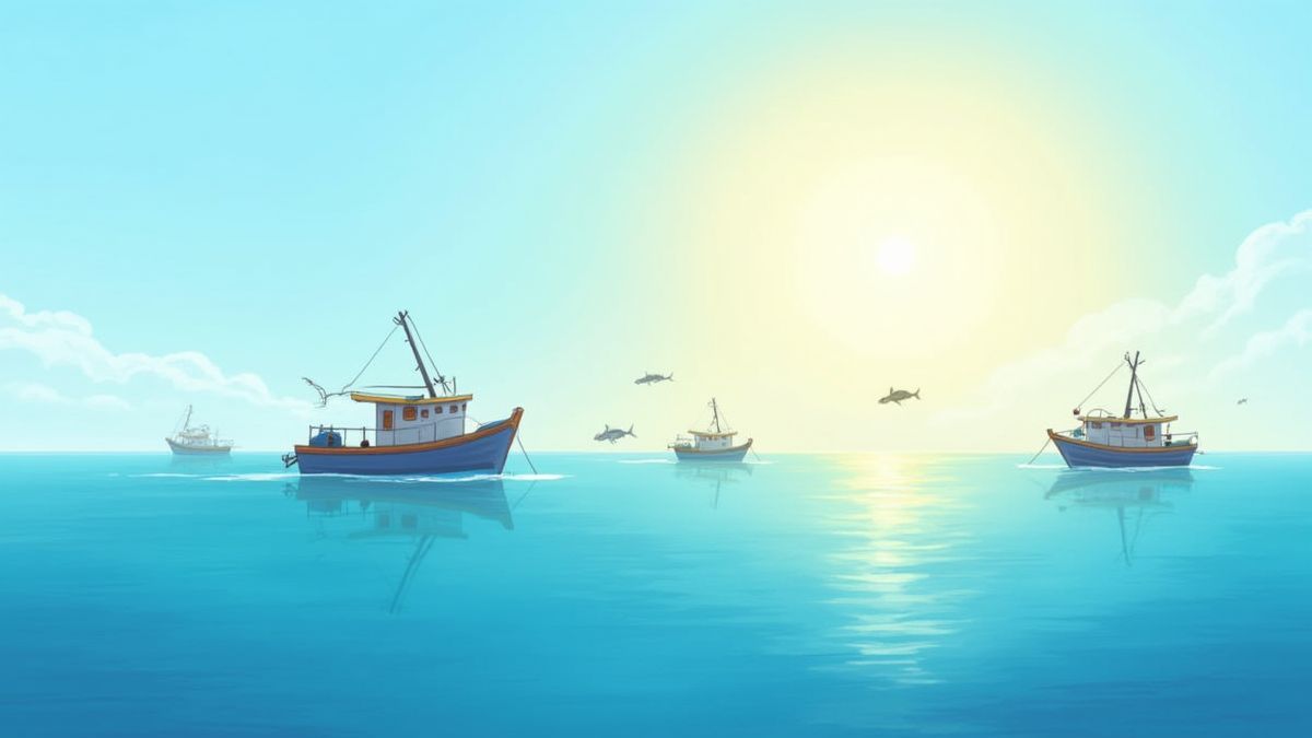 Mar tranquilo con barcos pesqueros y peces saltando bajo un cielo soleado.