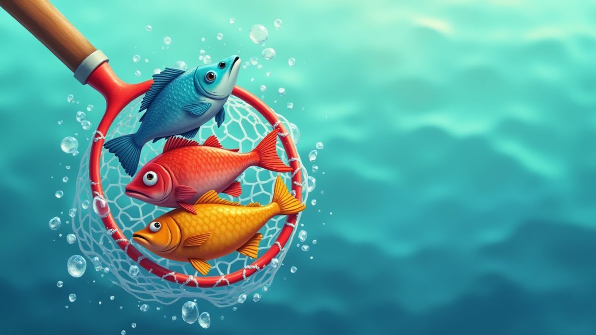 Red de pesca llena de peces coloridos en estilo animado.
