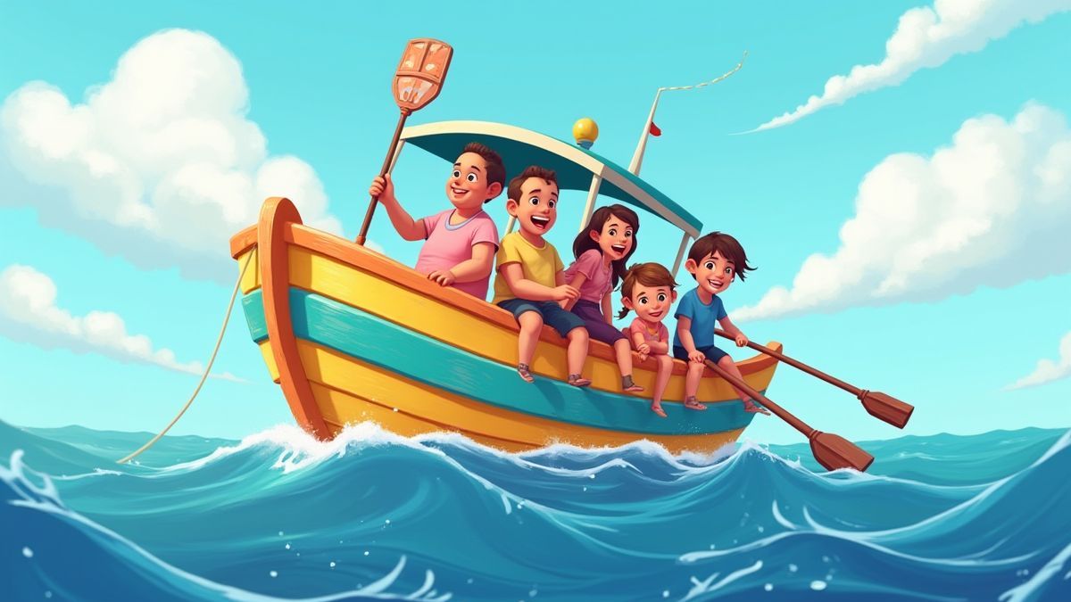 Barco pesquero colorido con personajes sonrientes disfrutando del mar.