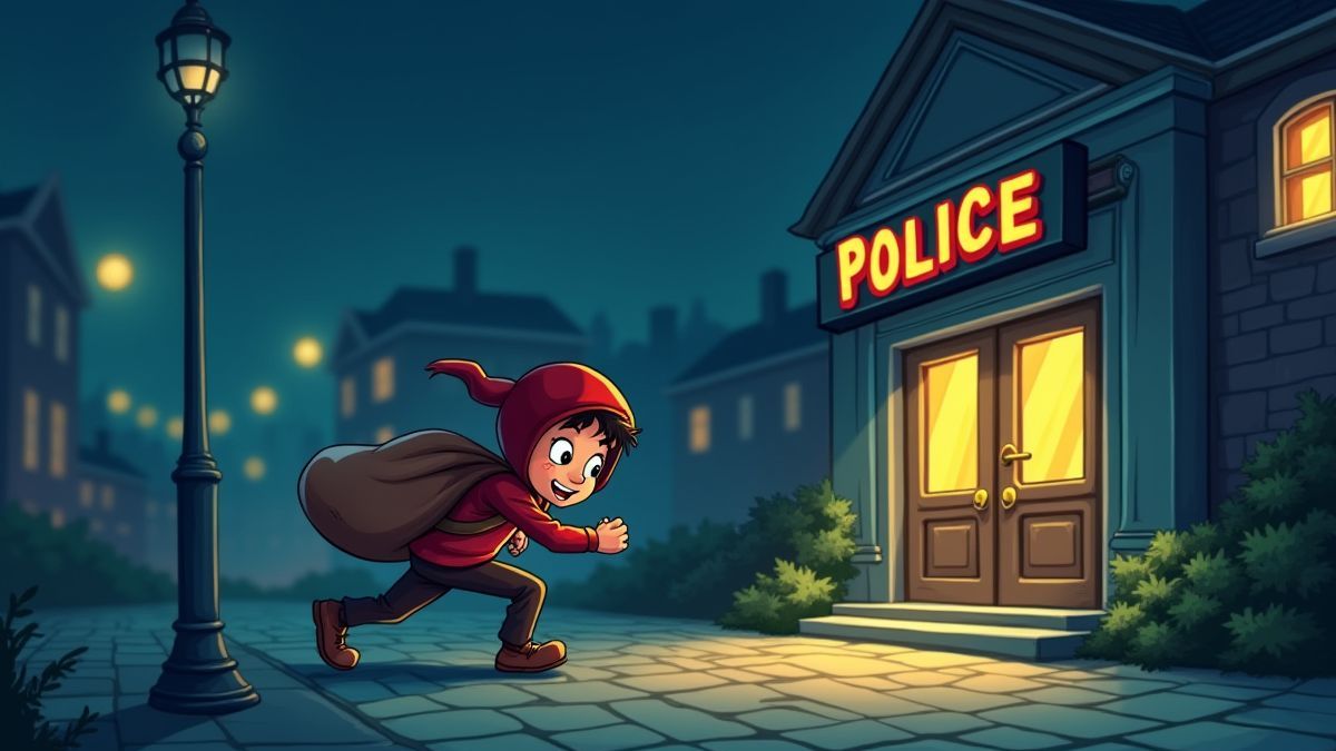 Un ladrón caricaturesco caminando sigilosamente frente a una estación de policía de noche.