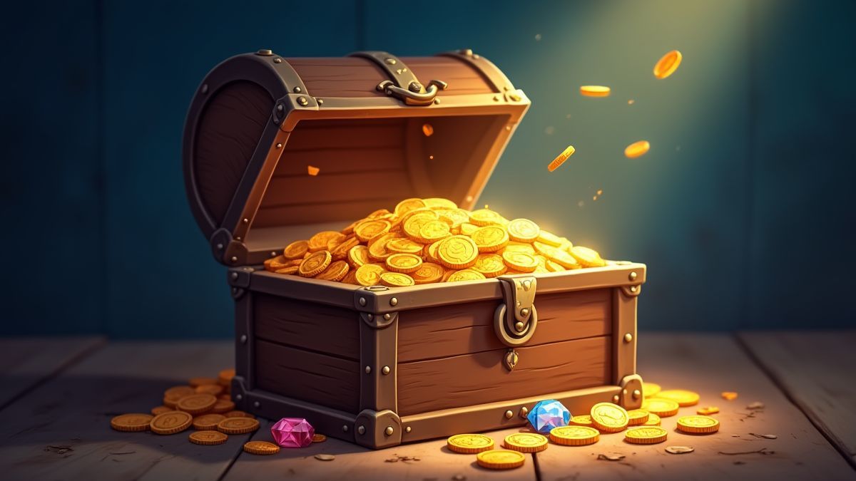 Un cofre del tesoro estilo caricatura lleno de monedas y joyas bajo un reflector.