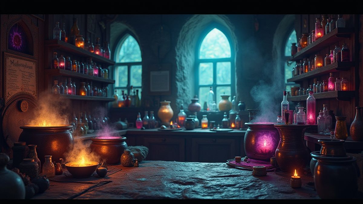 Magisch laboratorium vol borrelende ketels en glinsterende toverdranken.