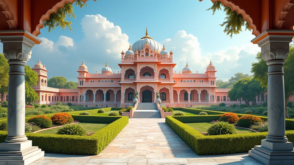 Un palacio indio rodeado de jardines y pilares de mármol.