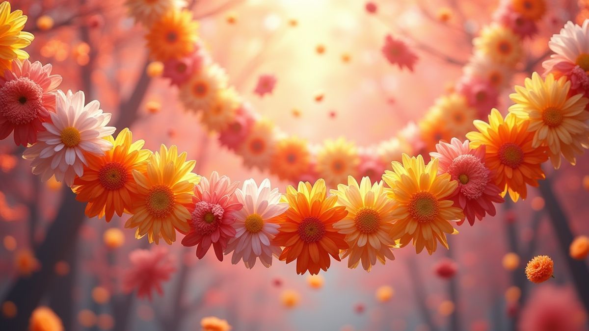 Guirnaldas de flores flotantes en colores vibrantes.